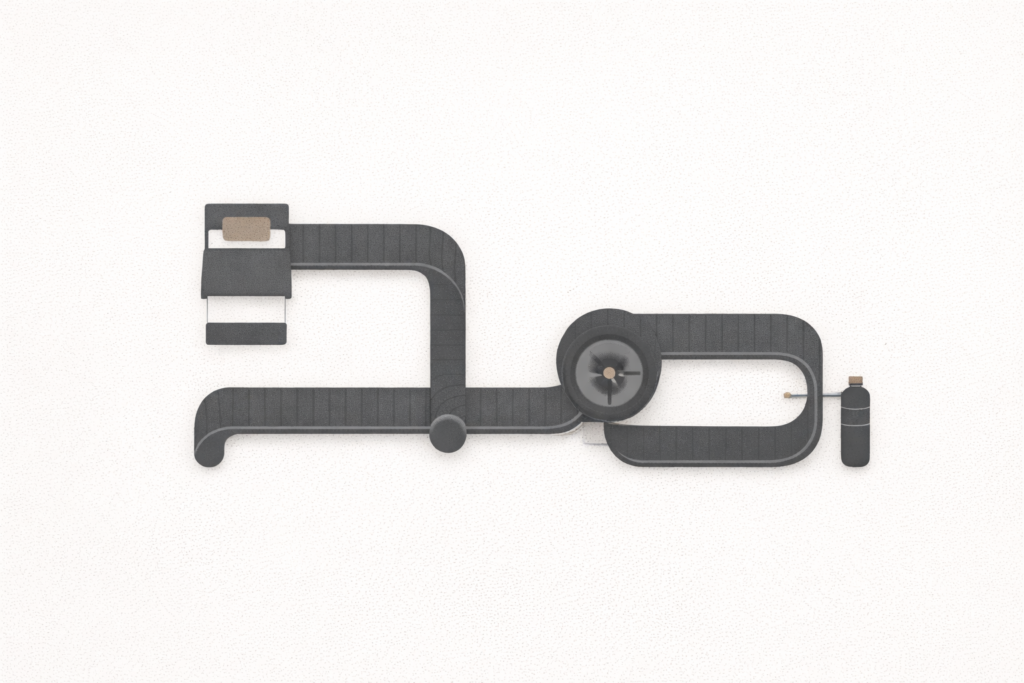 Minimalist editorial illustration showing a system running without checkpoints, representing elimination of daily review and uninterrupted execution.