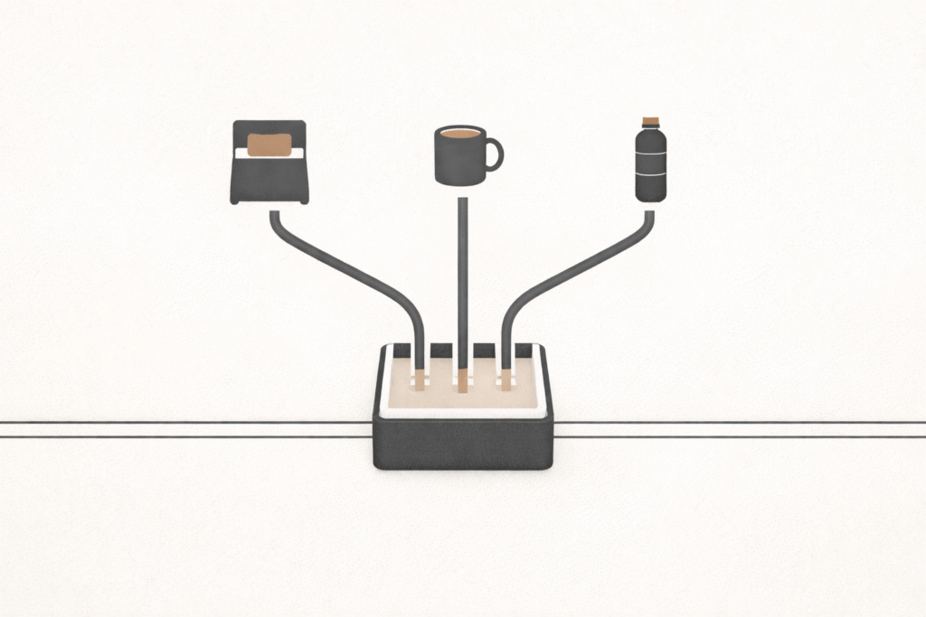 Minimalist editorial illustration showing regulated energy inputs feeding a stable system, representing controlled sleep, fuel, and recovery timing.