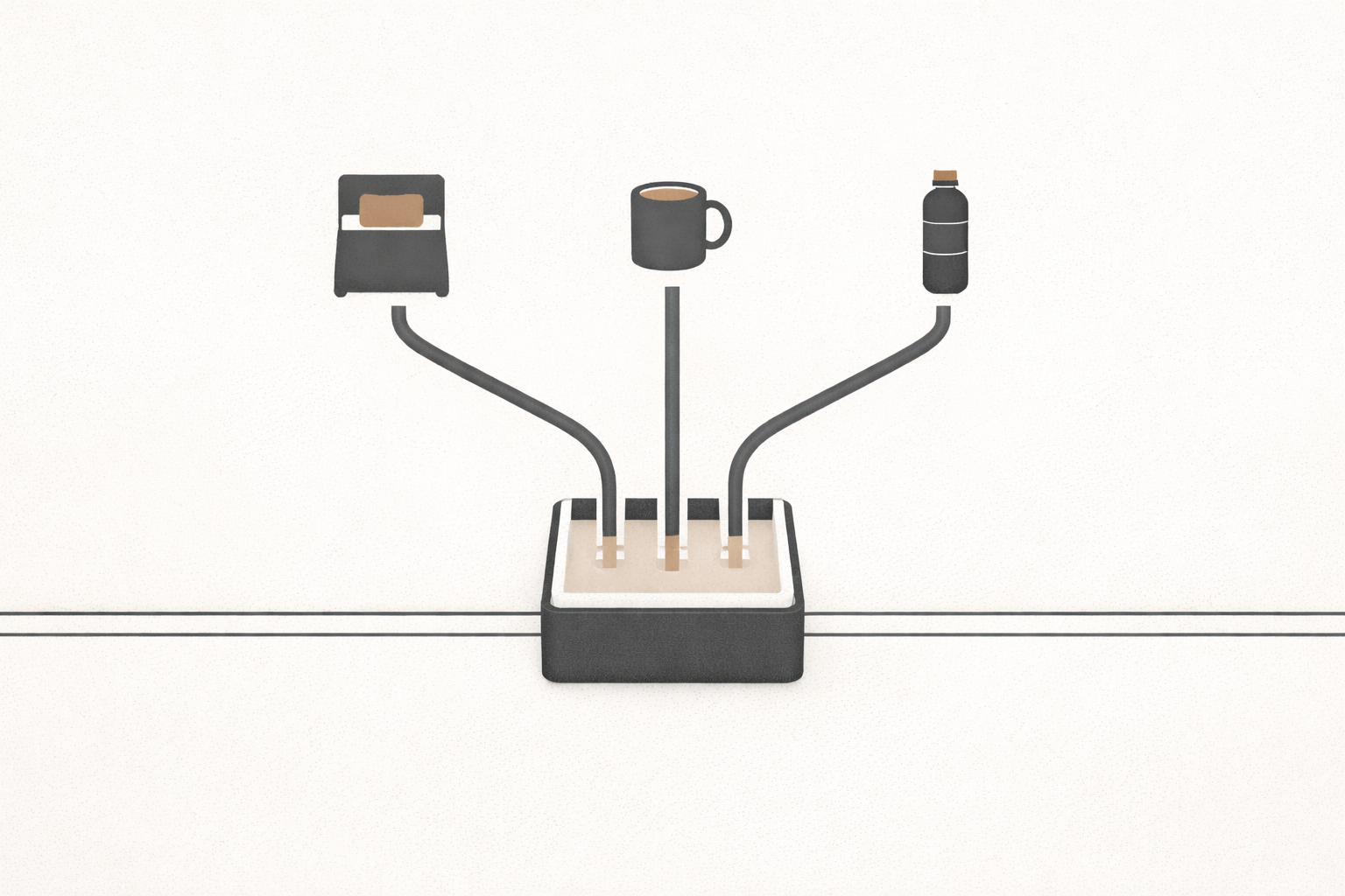 Minimalist editorial illustration showing regulated energy inputs feeding a stable system, representing controlled sleep, fuel, and recovery timing.