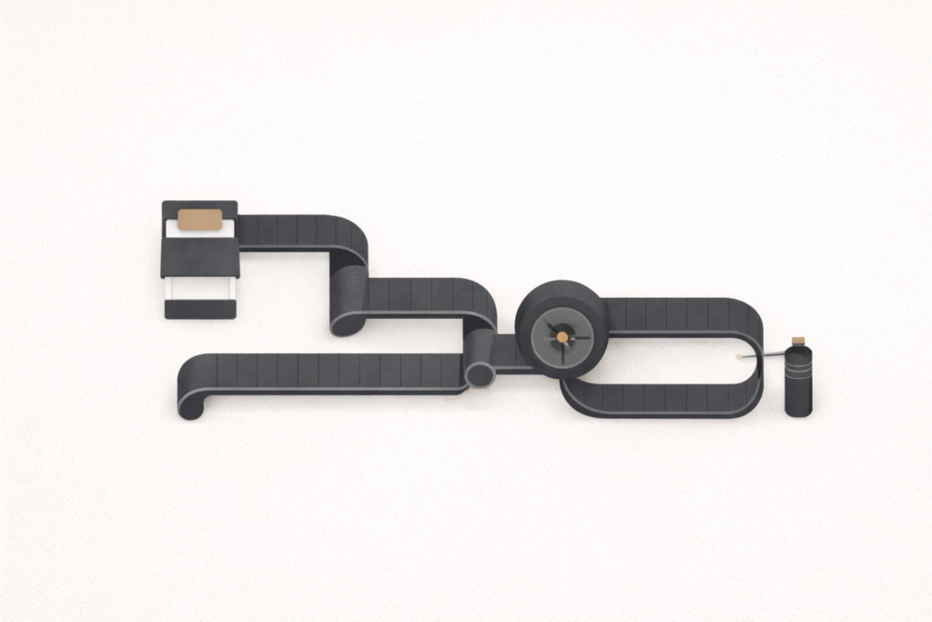 Minimalist editorial illustration showing a system in continuous forward motion without annotations, representing execution without narration or self-explanation.