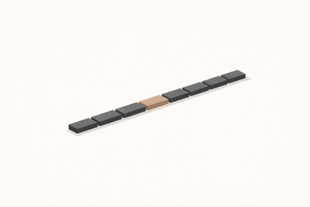 Top-down minimalist architectural illustration of a forward-only structural sequence with no loop-back paths, representing removal of the start over mindset.