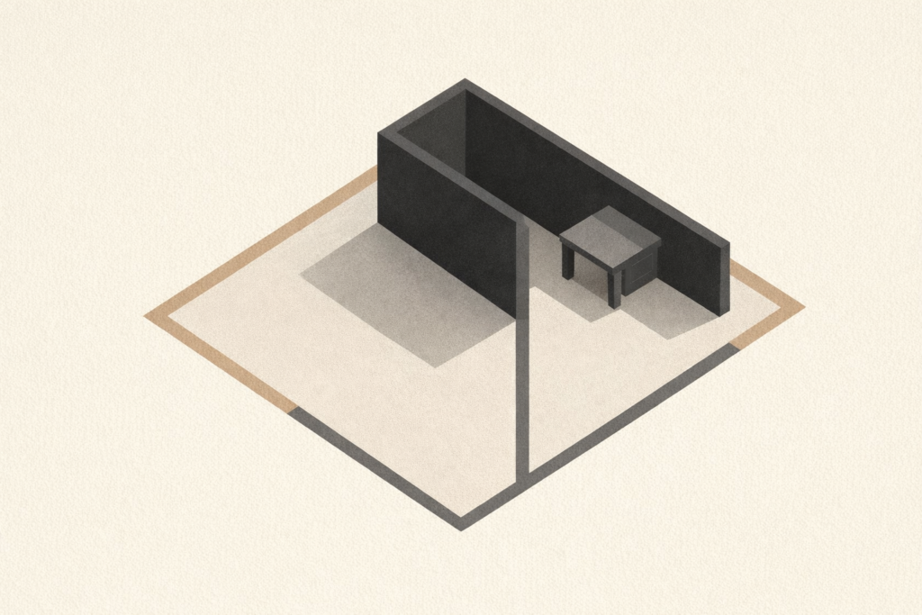 Minimalist architectural illustration representing what women mistake for emotional availability, showing presence, boundaries, and emotional restraint.