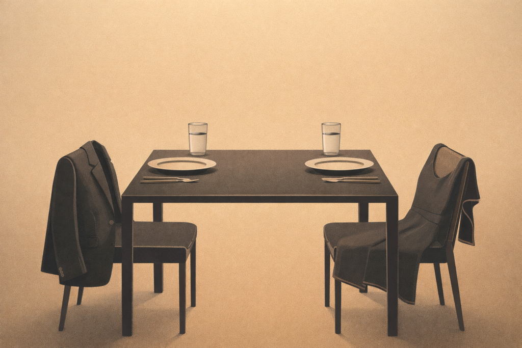 What to wear on a first date dinner illustrated through a minimalist dining table with structured blazer and dress.