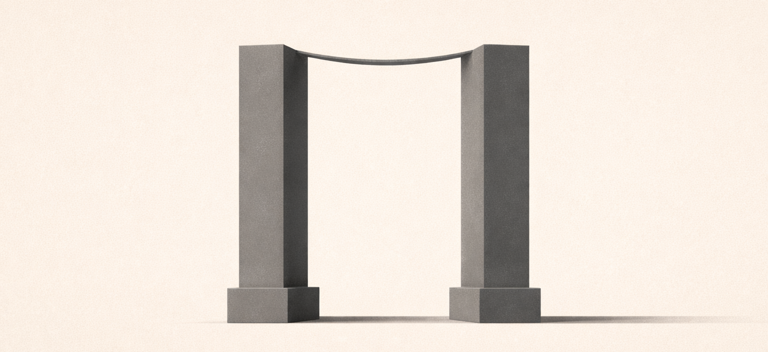Two identical minimalist pillars connected by a slightly sagging horizontal beam, symbolizing why healthy relationships slowly fall apart through gradual structural drift rather than sudden collapse.
