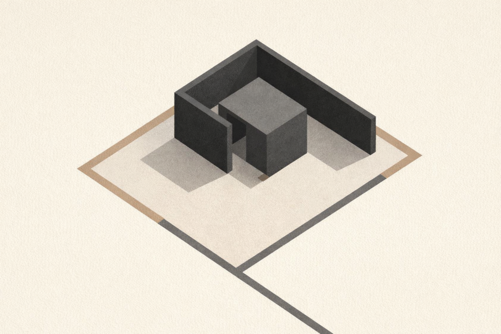 Minimalist architectural illustration representing why men withdraw instead of argue during conflict, showing containment, distance, and restraint.
