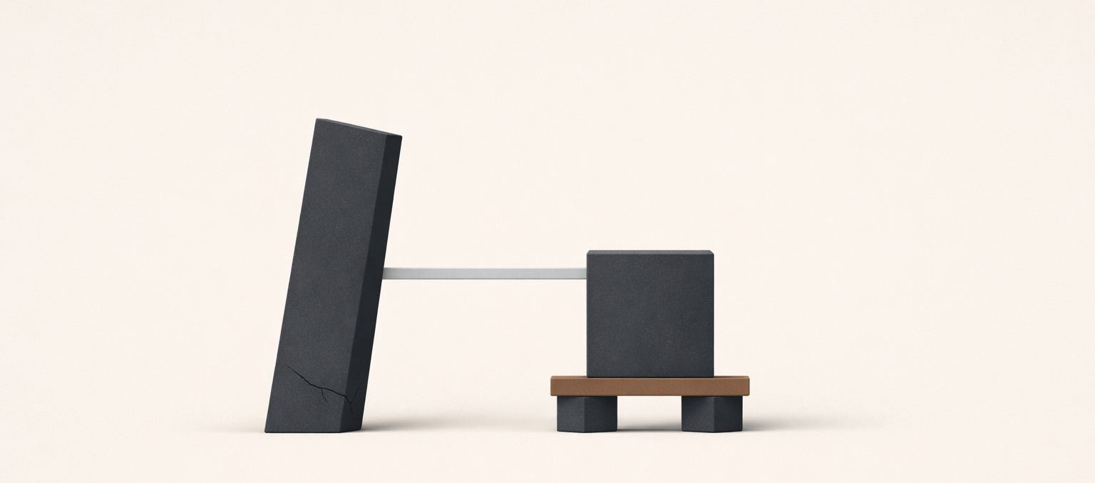 Two minimalist geometric structures connected by a beam, one leaning with a visible crack and the other grounded on a stable base, symbolizing why modern relationships fail without structure.