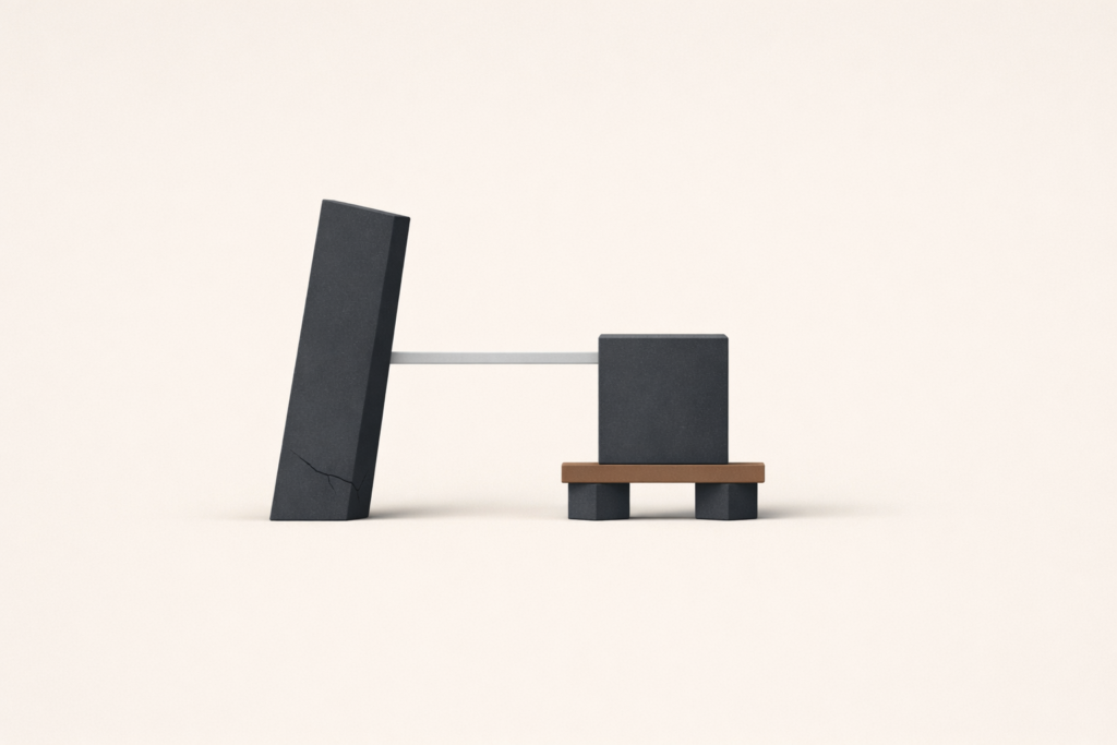 Two minimalist geometric structures connected by a beam, one leaning with a visible crack and the other grounded on a stable base, symbolizing relationship stability versus instability.