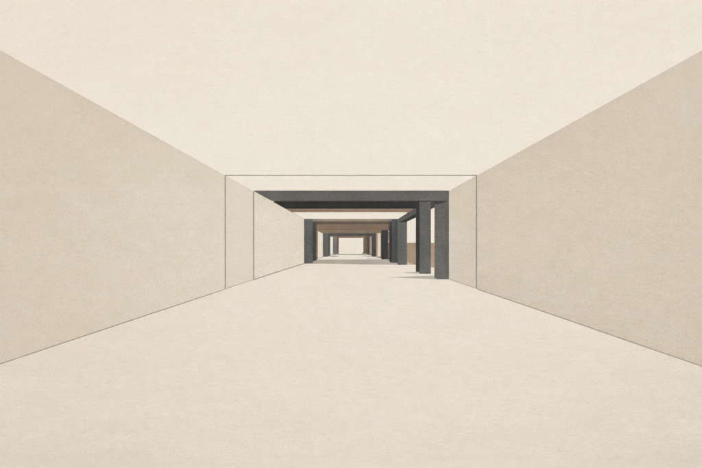 Minimalist architectural corridor extending into the distance, symbolizing how respect is earned gradually through sustained behavior over time rather than immediate recognition.