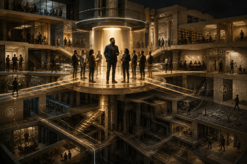 Black leader within an architectural system where concentrated attention and influence contrast with distributed structural supports, illustrating how charisma creates value but becomes risky when institutions depend too heavily on one person.