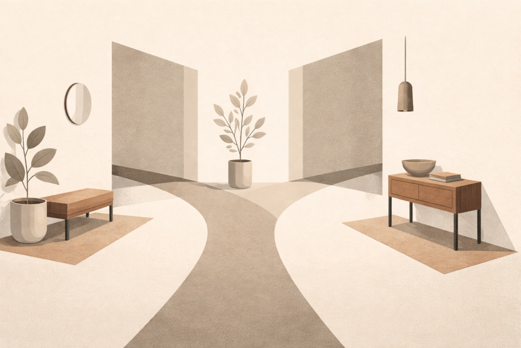 Minimalist editorial illustration representing discernment in daily life as a quiet pause between choices, emphasizing structure, restraint, and intentional decision making.