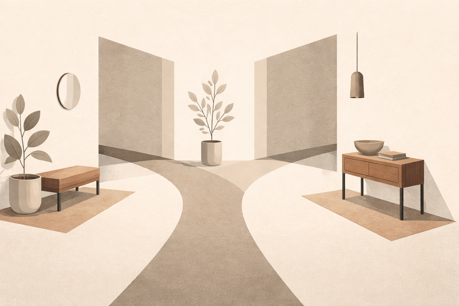 Daily practice of discernment in daily life, shown as a calm, structured choice between two paths.