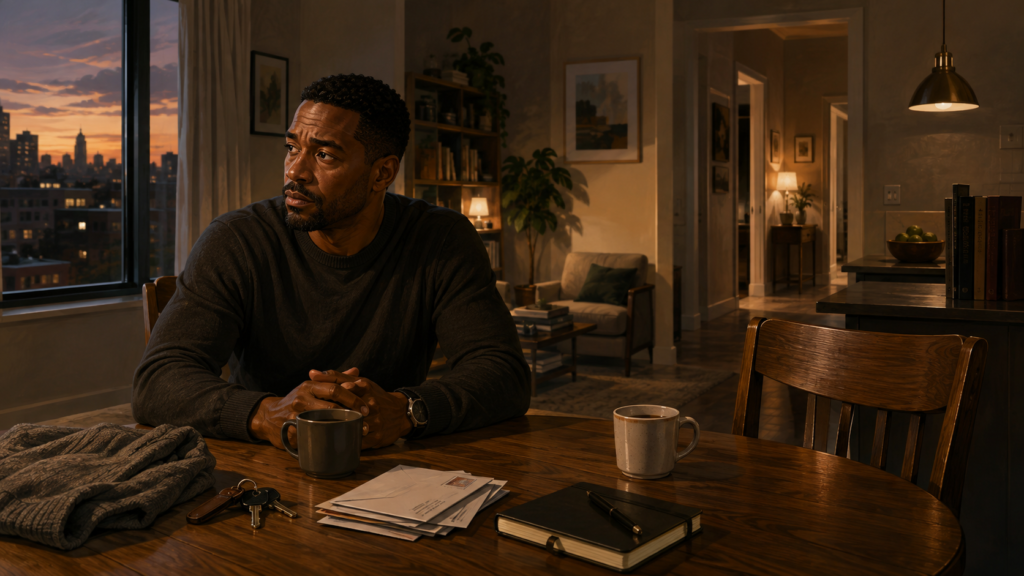Illustrated man reflecting alone in a quiet home, representing love, respect, emotional withdrawal, self-respect, and the decision to stay or leave a relationship.