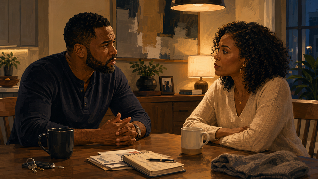 Black couple having a calm but difficult conversation at home, representing respect, dignity, and repair during relationship conflict.
