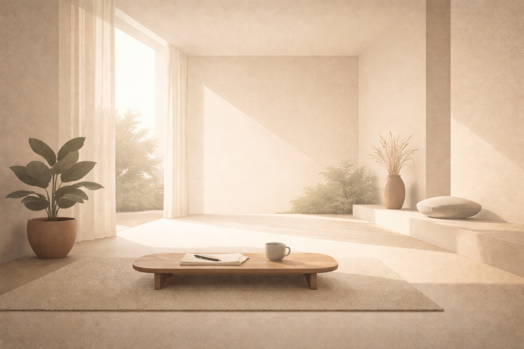 Time for a mental reset shown through a calm minimalist space emphasizing stillness, pause, and intentional rest
