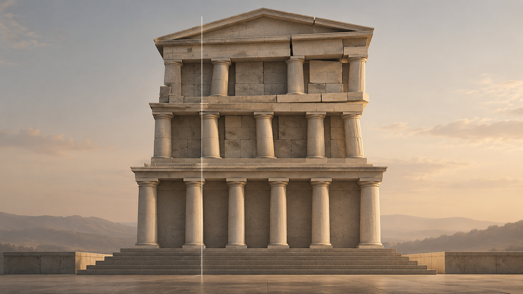 Architectural blocks gradually shifting out of alignment while the larger structure remains standing, illustrating how institutional drift accumulates before failure becomes visible.