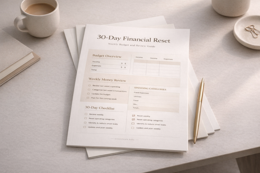 30-Day Financial Reset worksheet showing structured budget overview, weekly review, and spending categories in a minimalist financial planning system