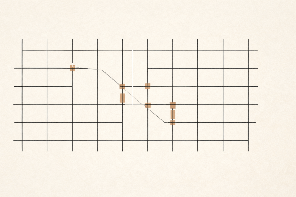 Minimalist architectural grid illustrating the accountability gap in a social system where missing correction points create structural instability