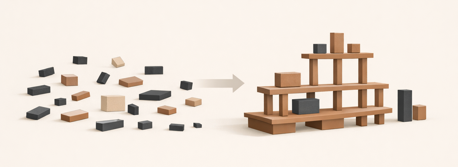 Minimalist structural diagram showing knowledge refined into a useful system, representing applied knowledge and economic value