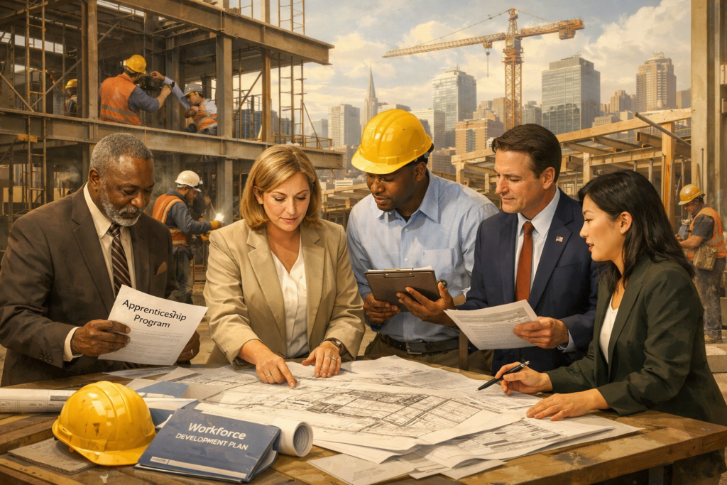 Policymakers reviewing apprenticeship workforce plans at an urban construction site