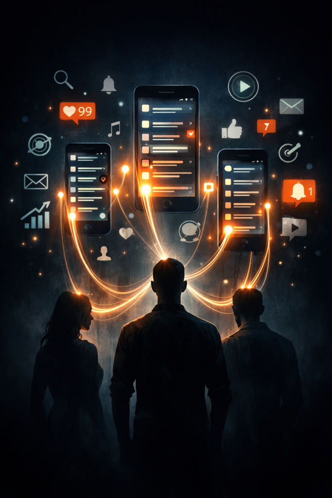 Illustration of digital platforms capturing human attention through algorithmic feeds and notification loops.