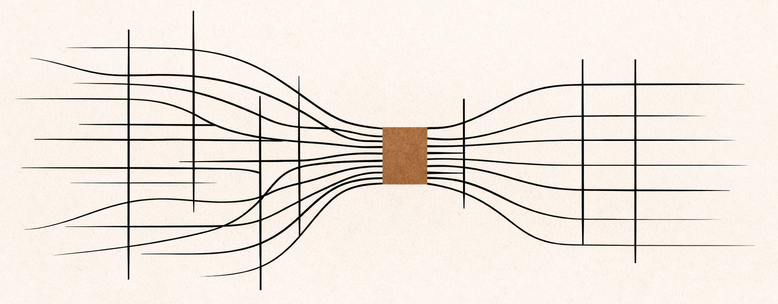 audit the bottleneck illustrated as charcoal system lines compressing through a clay-brown constriction point