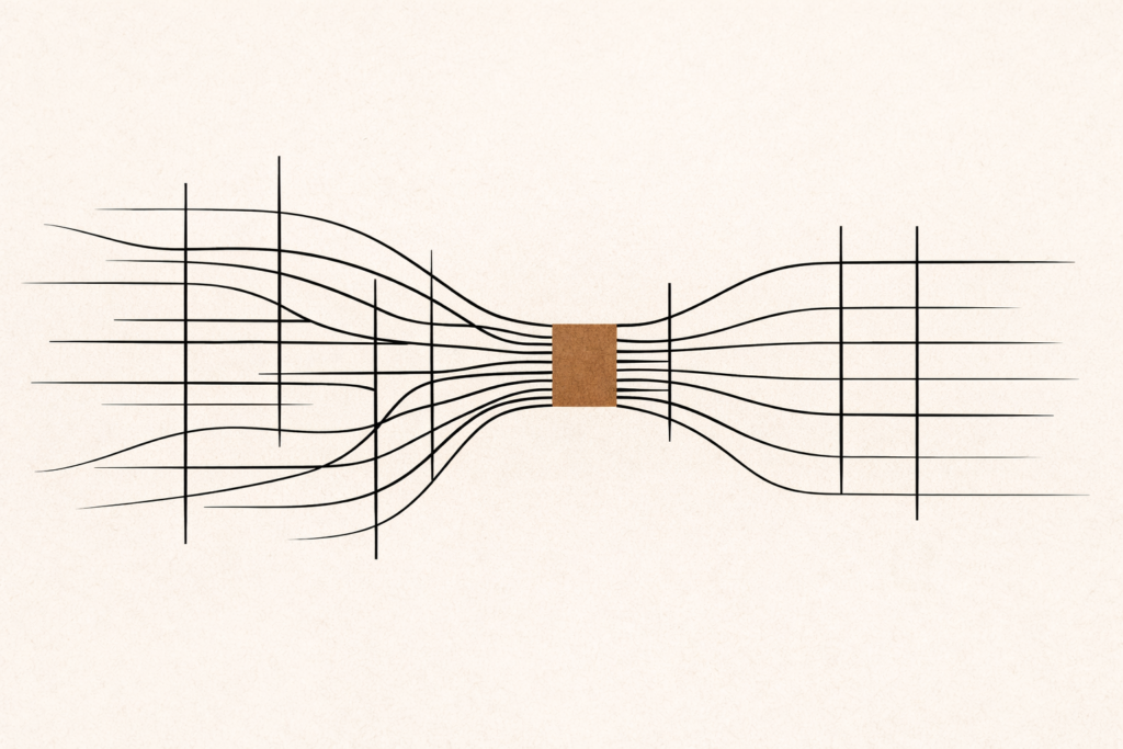 system bottleneck illustrated as charcoal grid lines compressing through a clay-brown constriction point