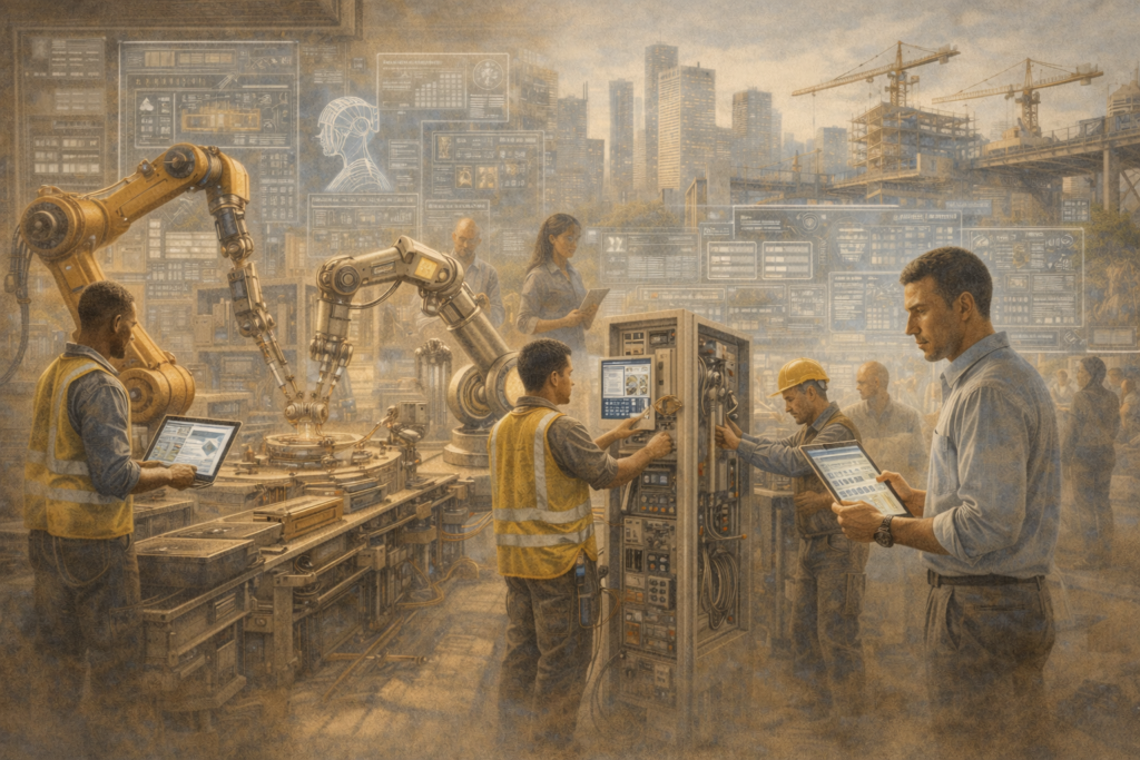 Workers collaborating with automated machines and robotics in a modern workspace illustrating how automation is changing work.