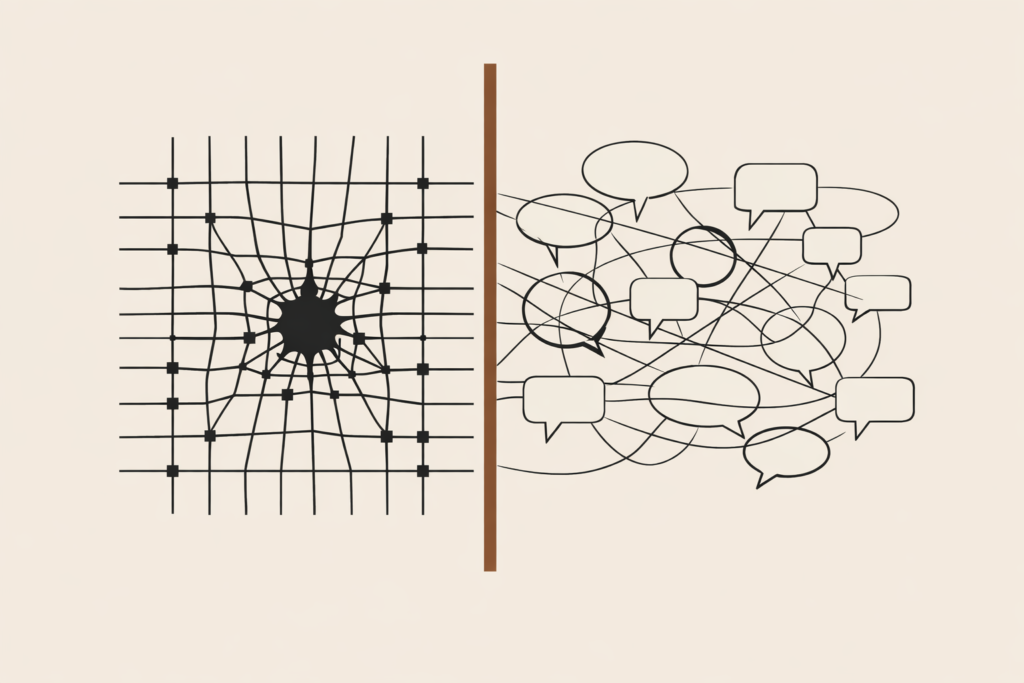 Structural load vs conversational noise comparison showing system compression and communication breakdown