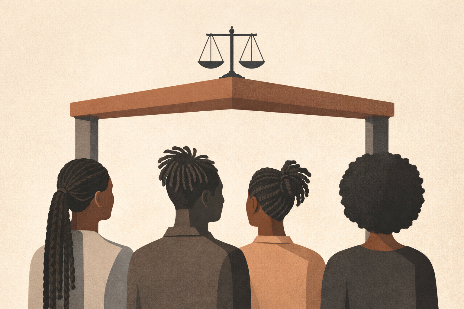 Illustration representing workplace hair discrimination addressed by the CROWN Act, featuring symbolic hair textures and workplace silhouettes.