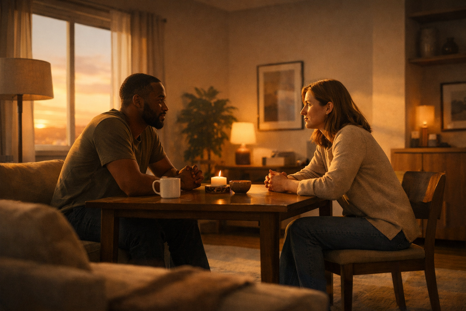 Masculinity and relationship discipline shown through a calm conversation between partners