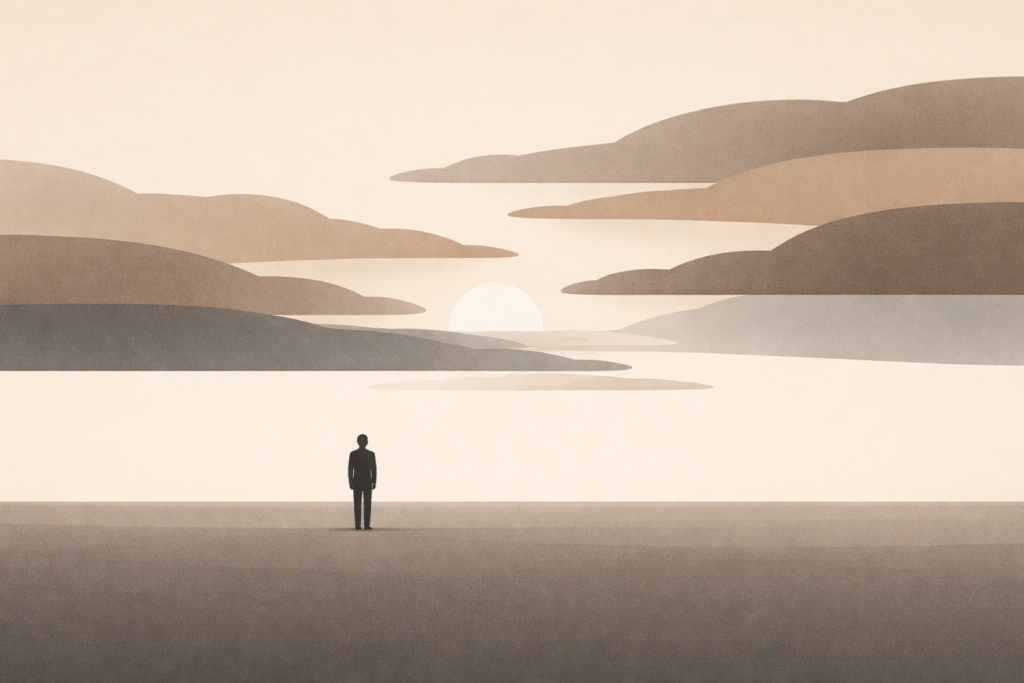 Minimalist atmospheric sky showing layered bands overshooting equilibrium, with a distant human silhouette observing stillness