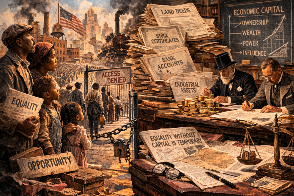 Editorial illustration representing how economic capital and ownership shape equality and opportunity