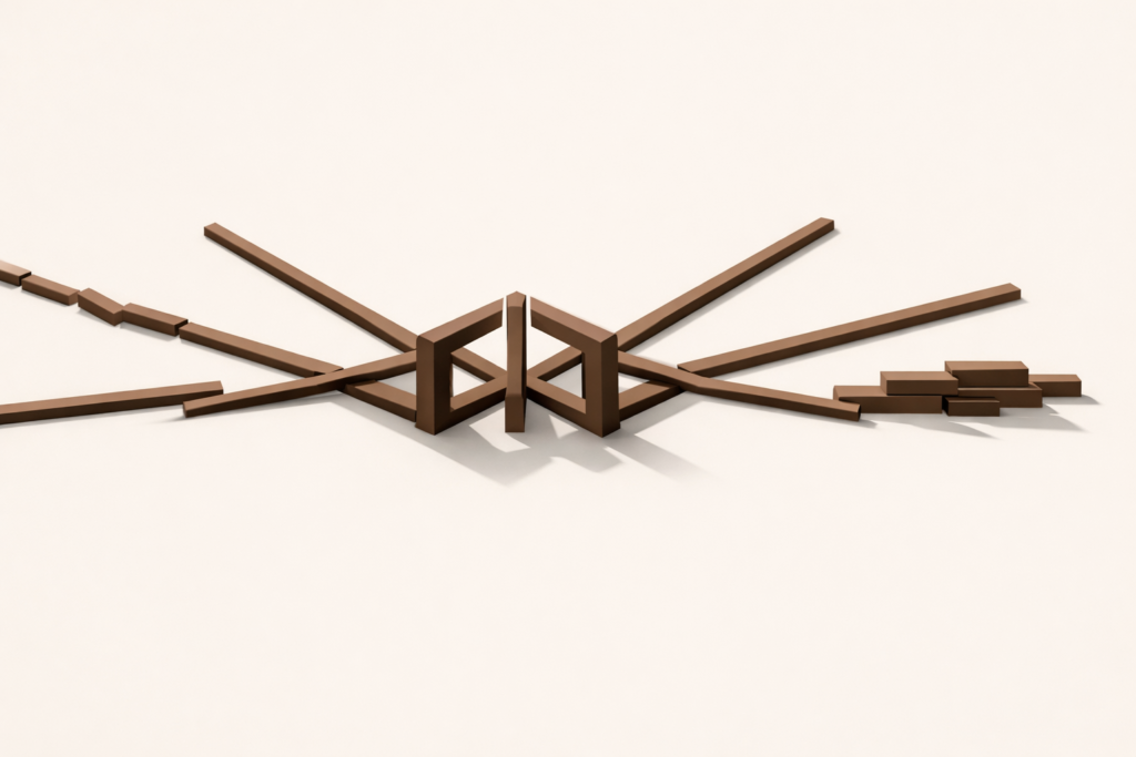 Minimalist system diagram showing five uneven pathways converging into a single aligned central structure, representing clarity through disciplined refinement.