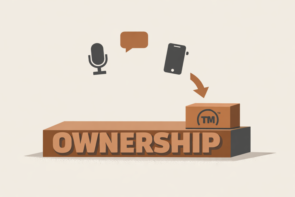 Minimalist illustration showing viral social media symbols transforming into a trademark foundation block, representing creator ownership and intellectual property.