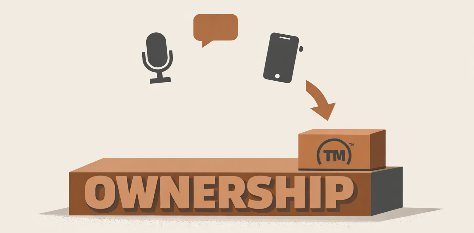 Minimalist illustration showing viral social media symbols transforming into a trademark foundation block representing creator ownership and intellectual property.