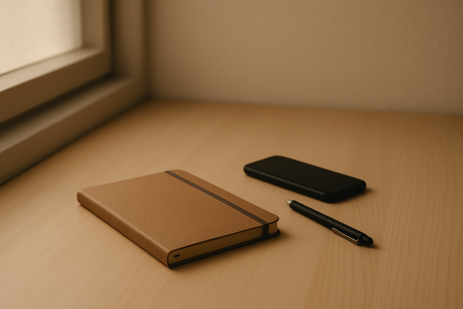 How to deal with distraction and stay focused. Minimalist desk with notebook, phone facedown, and pen under muted window light.