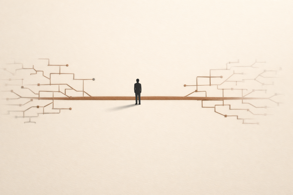 Minimalist diagram showing a single horizontal pathway with a small human silhouette standing in stillness, while faint branching paths dissolve into empty space, representing disciplined focus and controlled decision-making