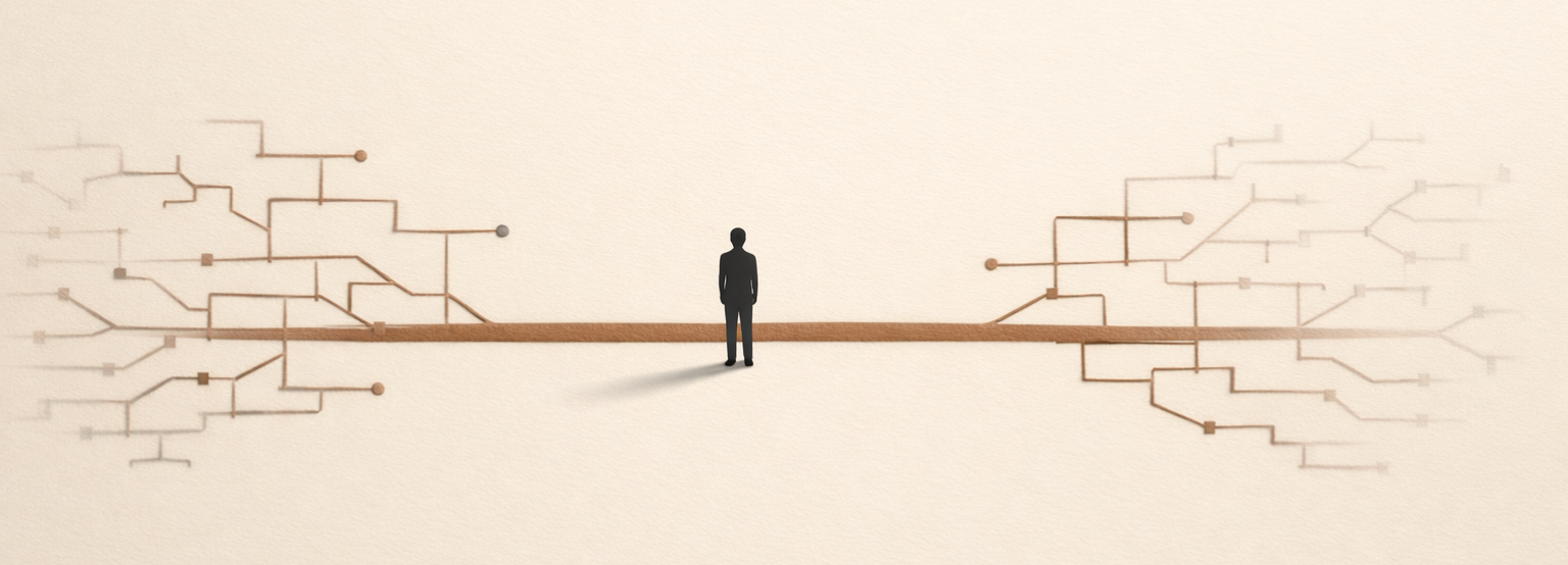 Minimalist diagram showing a single pathway with fading surrounding branches, representing decision fatigue and disciplined focus