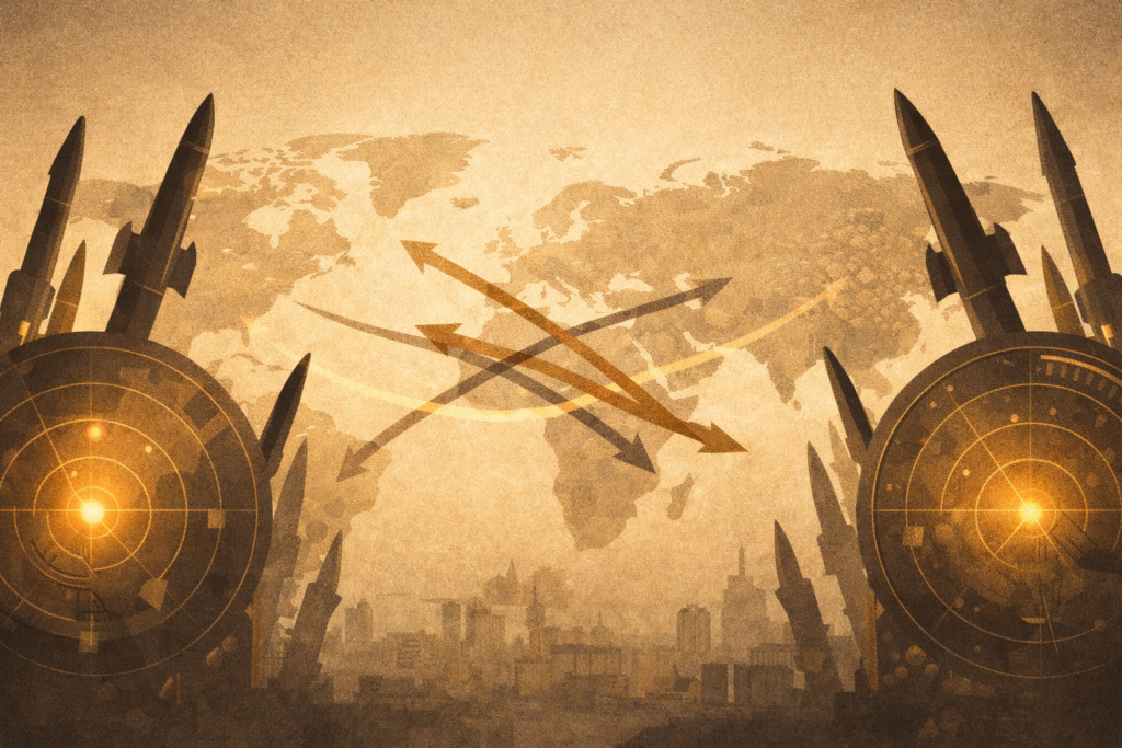 Illustration representing deterrence and miscalculation in geopolitics with rival powers projecting strength across a strategic map