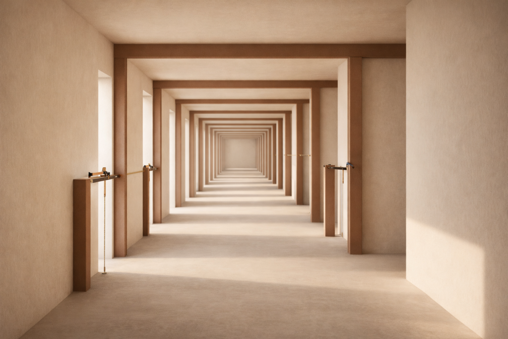 discipline review system shown through a structured architectural pathway being checked and realigned at regular intervals