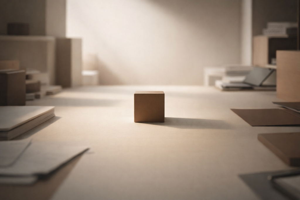 discipline under pressure shown through a centered object holding alignment inside a minimalist workspace under increased visual load