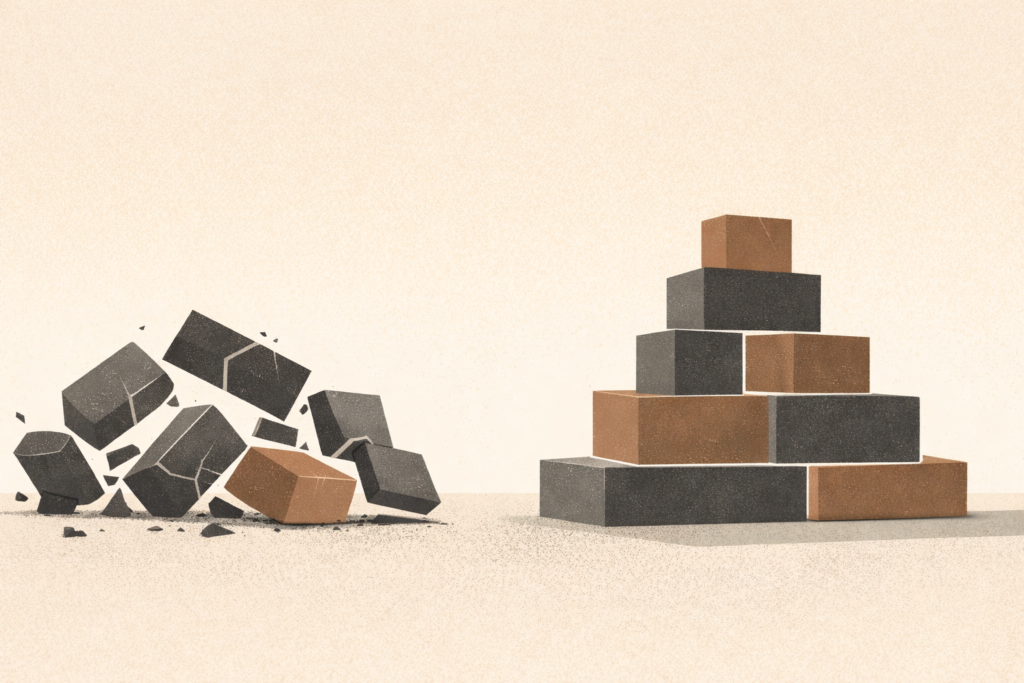 Minimalist editorial illustration showing stable architectural blocks forming a solid foundation while cracked unstable blocks collapse beside them, symbolizing disciplined habit systems versus chaotic routines.