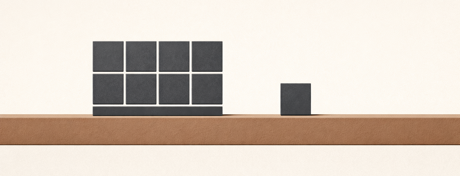 Minimalist architectural illustration of a charcoal grid above a clay-brown beam with one block removed and grounded below, symbolizing disciplined surrender and structured faith.