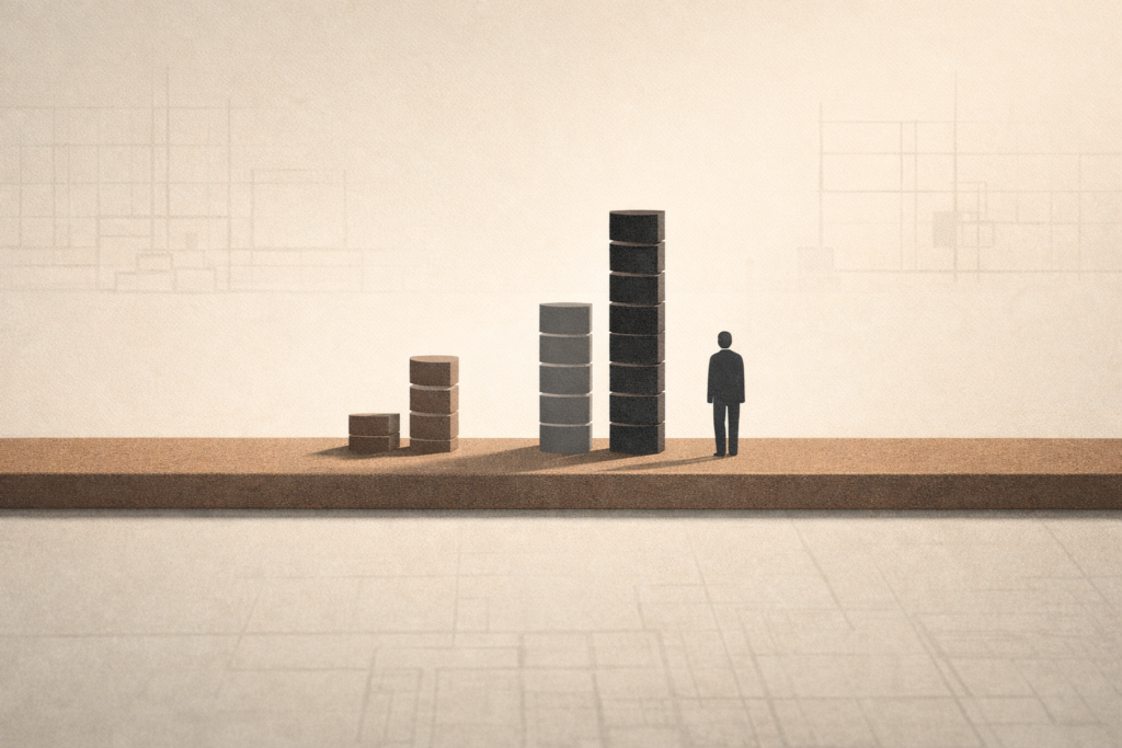 Minimalist illustration showing the economic impact of incarceration on household stability, with structural beams and abstract wage stacks representing lost and regained earnings.