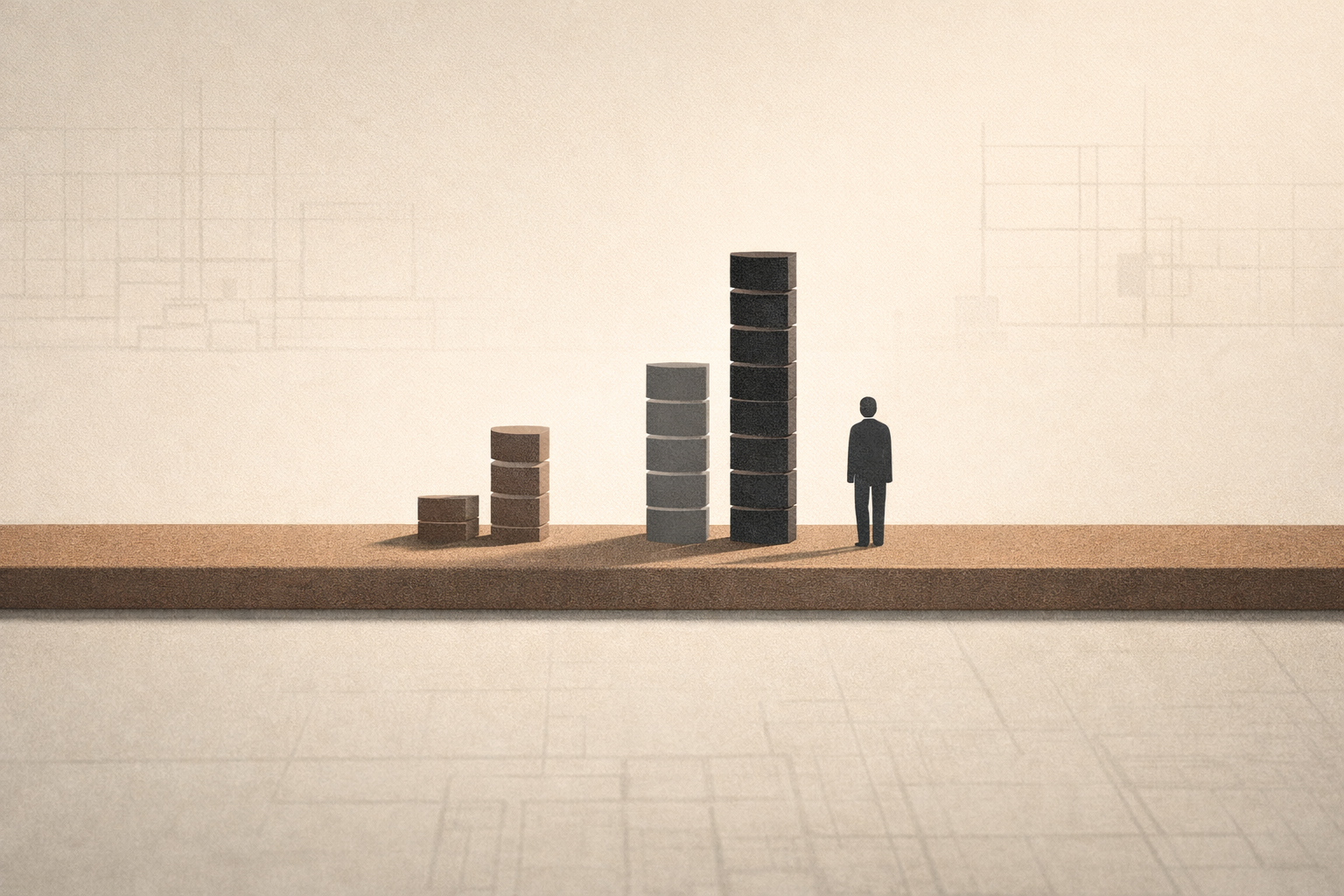 Minimalist architectural illustration showing the economic impact of incarceration on household stability, with structural beams and abstract wage stacks representing lost and regained earnings.