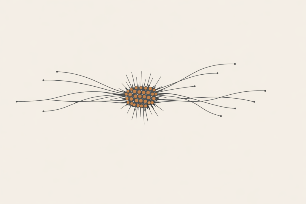 Economic pressure system diagram showing compressed pathways and dense nodes representing accumulated instability driving outward migration flow.