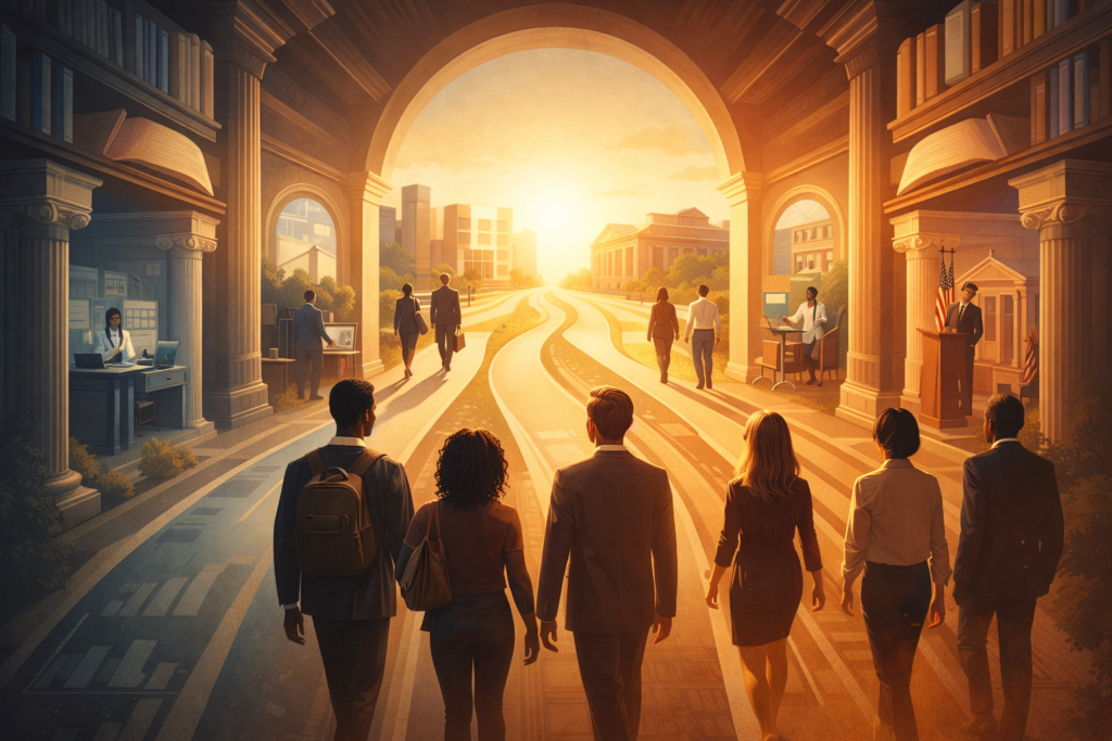 Editorial illustration showing a university environment shaping students into future leaders, symbolizing how educational institutions influence identity and leadership development.