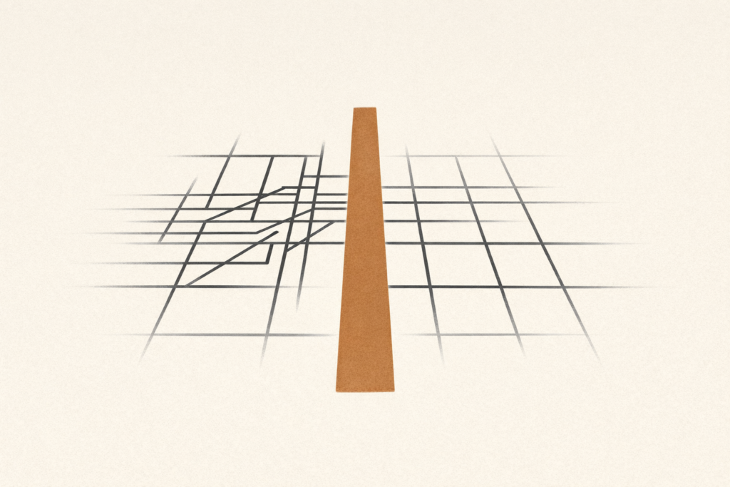 Decision friction illustrated as intersecting charcoal system lines interrupted by a clay-brown pathway restoring clear movement