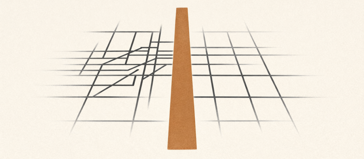 decision friction system illustrated as intersecting charcoal grid lines with a clay-brown pathway clearing movement through the structure