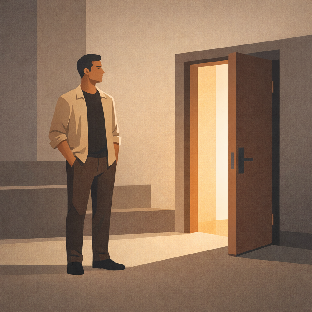 Minimalist illustration of a calm man standing beside a partially open door symbolizing emotional availability, boundaries, and disciplined emotional control.